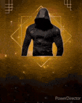 a man in a black jacket with a hood is surrounded by geometric shapes