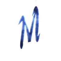 a blue letter m is hanging from a string