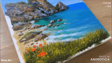 a painting of a beach with flowers and rocks made by wow art