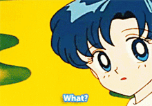 a cartoon of a girl with blue hair asking what