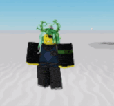 a cartoon character with green hair is standing on a white surface