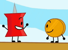 a pin and a coin are standing next to each other and smiling
