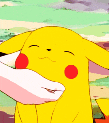 a yellow pikachu with red cheeks is being petted by a white hand
