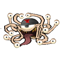 a drawing of a monster with many eyes and a red x on its hat