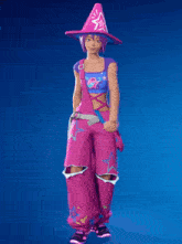 a girl with purple hair is wearing a pink outfit and a pink witch hat