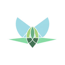 a blue and green logo with a leaf on the bottom