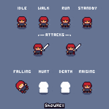 a pixel art of a man with the words idle walk run standby and attacks