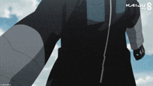 a man in a black suit is standing in front of a blue sky with kaiju 8 written on the bottom