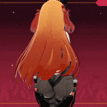 a girl with long red hair is wearing a black suit