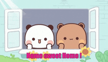 two panda bears are standing next to each other in an open window .