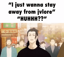 a man with long hair is standing in front of a crowd of people in a crowded city .