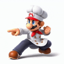 a cartoon character is wearing a chef 's hat and apron and pointing at something .