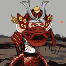 a cartoon drawing of a samurai wearing a red helmet