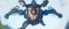 a large robot is flying through the air .