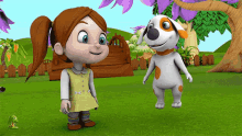 a girl and a dog are standing in a grassy field