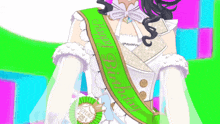 a girl with a green sash around her neck that says happy birthday