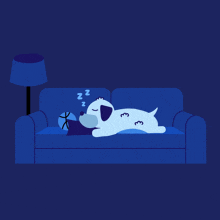 a dog is sleeping on a blue couch with the words good night written above it