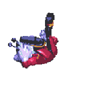 a pixel art drawing of a cartoon character with a purple head