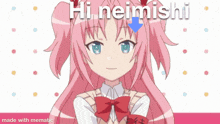 a picture of a girl with pink hair and the words hi neimish on the bottom