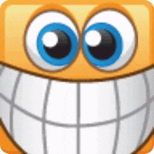 a close up of a cartoon face with big blue eyes and white teeth