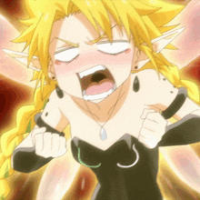 a girl with yellow hair and a black dress has her mouth wide open