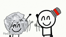a cartoon character with a top hat is standing next to a crumpled piece of paper ..
