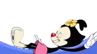 a cartoon character with a flower on her head is laying down and laughing