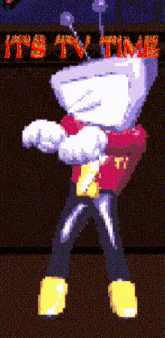 a pixel art of a cartoon character with the words " it 's tv time " above him