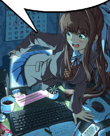 a drawing of a girl sitting in front of a computer with a calendar behind her
