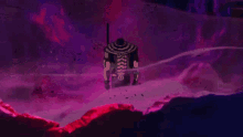 a purple and pink background with a tower in the middle