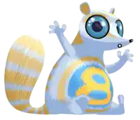 a cartoon drawing of a squirrel with a blue and yellow stripe on its belly