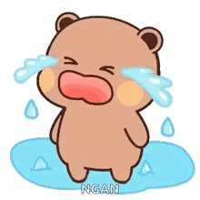 a cartoon bear is crying with tears running down its face .