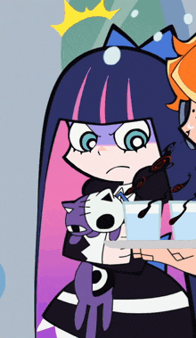 a cartoon character holding a cat and a glass