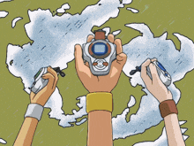 a cartoon drawing of a person holding a device with the letter o on the screen