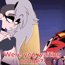 a cartoon character says " were you waiting on me " while standing next to another character