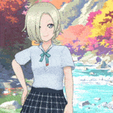 a girl with short blonde hair and a plaid skirt is standing in front of a river
