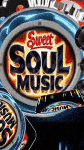 a logo for sweet soul music with a dj mixer in the background