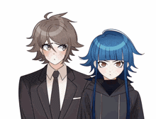 a man in a suit and tie stands next to a girl with long blue hair