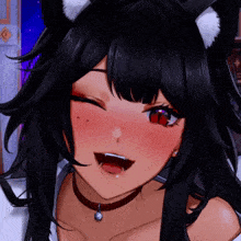 a girl with black hair and white ears is making a funny face
