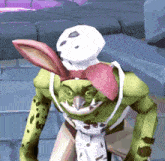 a green goblin with bunny ears and a white skull on his head is standing in a video game .