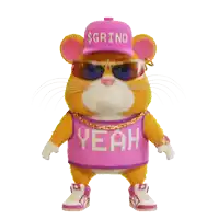 a cartoon mouse wearing a pink shirt that says yeah and a pink hat that says grind