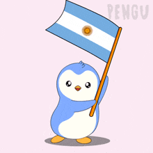a penguin is holding a flag with the word pengu written below it