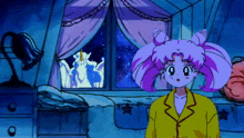 a cartoon of a girl standing in front of a window with a unicorn behind her