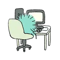 a cartoon drawing of a desk with a chair and a computer .