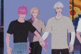 a group of young men are standing next to each other and holding hands