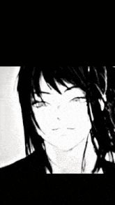 a black and white drawing of a girl with long hair .