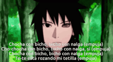a close up of a cartoon character with a green background and the words chocha con bicho bicho con nalga