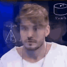 a man with a beard is standing in front of a blackboard with a triangle and a cylinder on it .