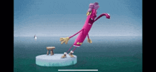 a cartoon character is standing on a small island in the ocean