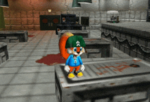 a cartoon character wearing a green hat with arrows on it is standing on a box